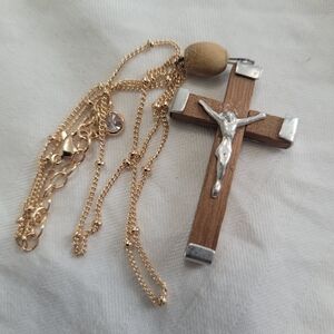 Handmade Jerusalem Cross Rosary Necklace Vintage Crucifix Gold Toned Minimalist